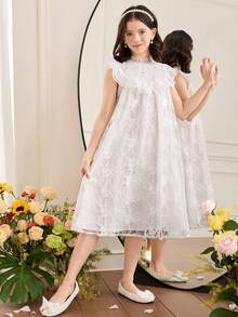 SHEIN 少女夏季时尚派对宴会刺绣网纱荷叶边宽松连衣裙 - 白色 - 查看 3
