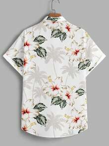 Manfinity RSRT Men's Floral Print Casual Polo Collar Single-Breasted Short Sleeve Shirt, Suitable For Daily Outings And Travel - White - View 2