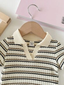 SHEIN 女婴条纹休闲Polo衫，百搭可爱，杏色 - 彩色 - 查看 4