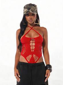 SUMWON WOMEN Halter Neck Cutout Bodysuit With Lace Up Front Detail And Cross Back Straps For Festival Clubwear - Red - View 6