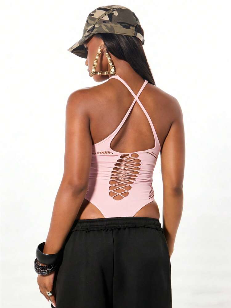 SUMWON WOMEN Halter Cutout Bodysuit With Lace Up Details