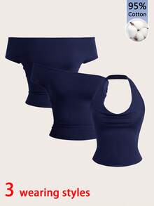 Tseoso 95% Cotton Navy Blue Women's Versatile Fitted Top, 3 Ways To Wear - Navy Blue - View 1