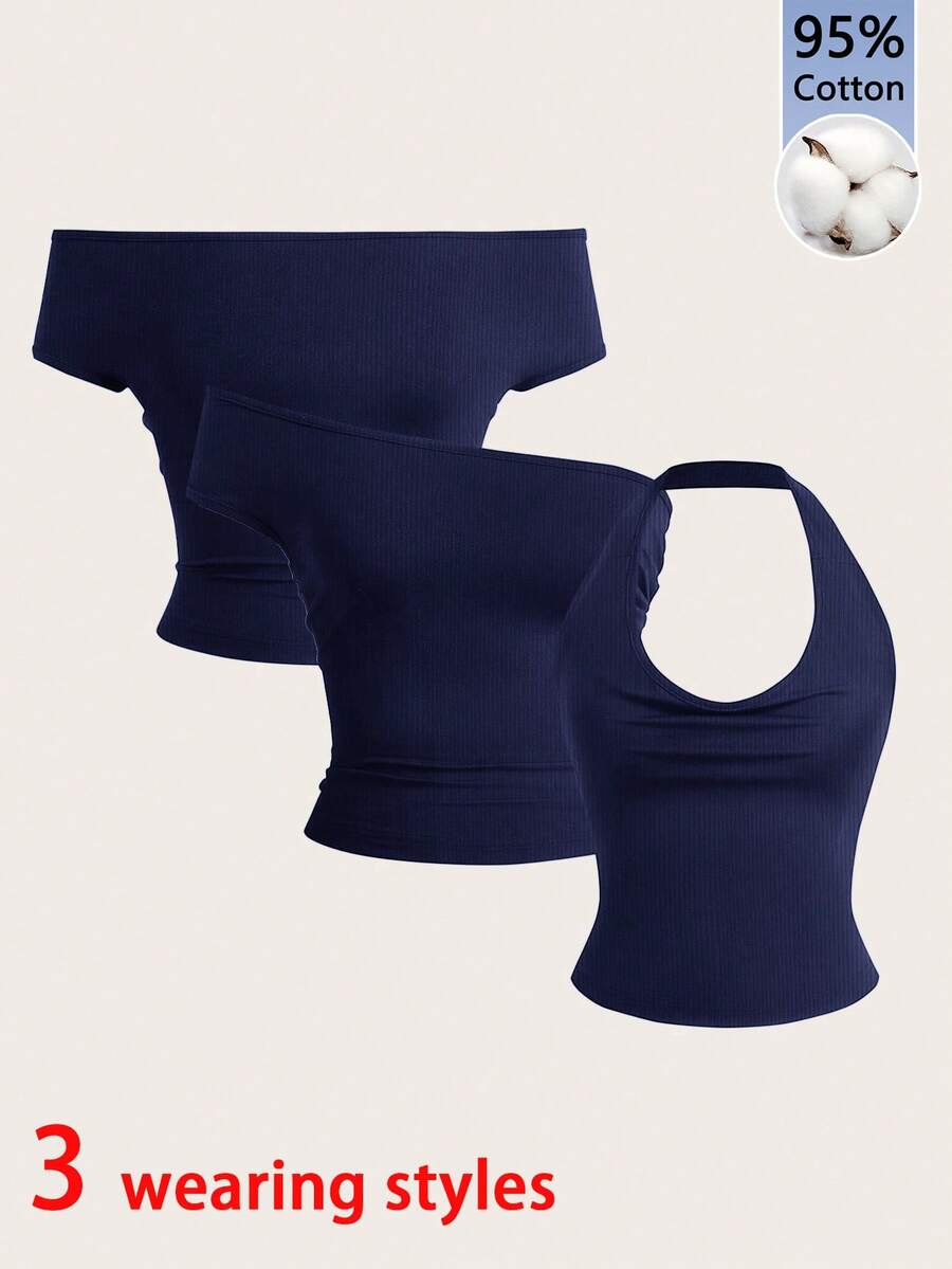 Tseoso 95% Cotton Navy Blue Women's Versatile Fitted Top, 3 Ways To Wear - Navy Blue - View 1