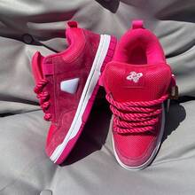 Vate Pink Casual Platform Sneakers For Women, Thick Sole Breathable Mesh, Rope Laces, Unique Wooden Decor, Versatile Streetwear, Daily Commute - Hot Pink - View 1