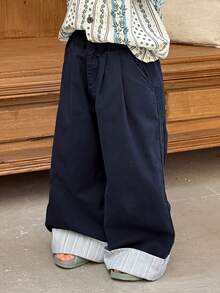 DAZY Contrast Striped Cuffed Hem Loose Wide-Leg Jeans, Casual Daily Commute Vacation Style For Young Boys