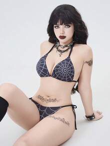 ROMWE Women's Sexy Beach Vacation Gothic Spider Web Polka Dot Print Backless Tie Front Bikini Swimwear Set Gothic Outfits Beach Outfits, Music Festival Outfits, Vacation Outfits, Seaside Dates, Holiday Outfits, Sexy, Elegant, Casual Outfits, Beach Party Outfits, Pool Party Outfits - Black - View 5