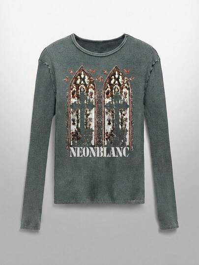 NEON BLANC Men's Crew Neck Ribbed Letter & Butterfly Print Casual Everyday Long Sleeve T-Shirt