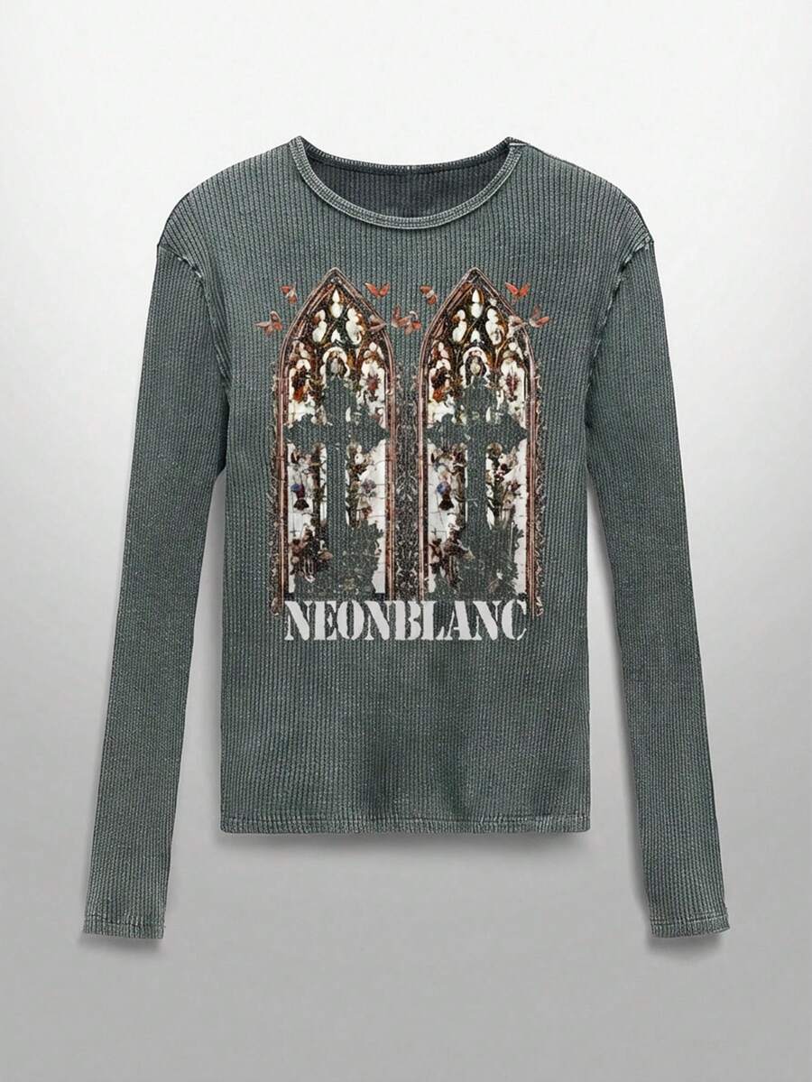 NEON BLANC 男士圆领罗纹字母蝴蝶印花休闲日常长袖T恤 - 墨綠色 - 查看 1