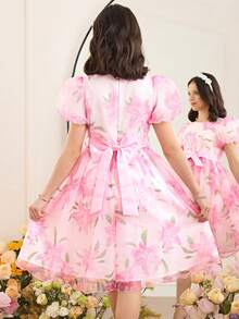 SHEIN Pitira Đầm thanh lịch cổ tròn tay phồng trang trí nơ cho bé gái tuổi teen - Nhiều màu - Xem 4