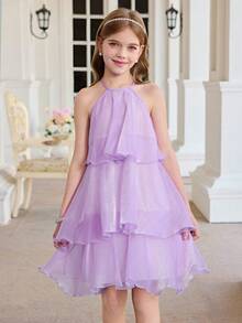 SHEIN Tween Girls' Elegant Woven Halter Neck Dress - Multicolor - View 6