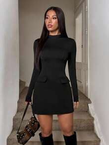SHEIN PETITE 高领收腰修身A字长袖休闲宽松通勤复古迷你连衣裙,适合秋冬季女性,黑色长袖连衣裙,优雅黑色连衣裙,黑色职业装,修身黑色连衣裙,秋季 - 黑色 - 查看 4
