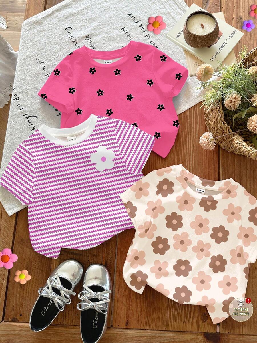 Bộ 3 áo thun ngắn tay cổ tròn tối giản họa tiết hoa dễ thương, màu trắng kem, sọc hồng, hồng cánh sen, dễ phối đồ, phù hợp mặc hàng ngày, ở nhà, đi nghỉ mát, dễ phối đồ, thoải mái, có thể mặc nhiều lớp cho bé gái, phong cách thời trang, trang phục thường ngày, quần áo trẻ em họa tiết hoa, sang trọng mùa thu, thời trang mùa đông, phong cách mới, thoải mái. - Nhiều màu - Xem 1
