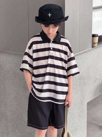 Tween Boy Korean Style Casual Knitted Striped Short Sleeve Polo Shirt, Suitable For Commuting, School, Casual, Sports, Spring/Summer