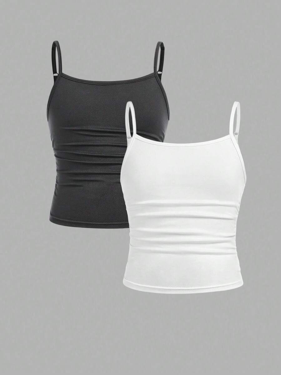 SHEIN 2pcs Tween Girls' Casual Fitted Comfortable Black & White Tank Top Set - Multicolor - View 1