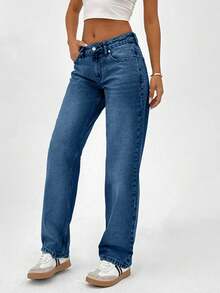 CasuGlow 100% Cotton LOW RISE  STRAIGHT FIT VINTAGE WASH Y2K STYLE JEAN - Royal Blue - View 6