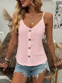 Balvessa 女士时尚镂空提花纹理无袖上衣，波西米亚风纽扣吊带背心针织背心粉色上衣女士毛衣背心针织上衣女士吊带背心 - 粉色 - 查看 3