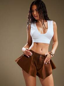 Denimoi Quần short denim nhung ống loe, quần short gợi cảm, trang phục biểu diễn, thời trang đường phố. - màu nâu - Xem 4