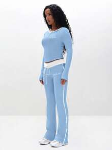 BABYPHAT Ribbed Knit Flare Pants With High Waist Drawstring Casual Jogger Style Wide Leg Trousers For Loungewear - Multicolor - View 3