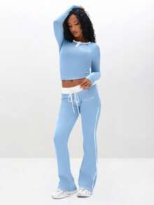 BABYPHAT Ribbed Knit Flare Pants With High Waist Drawstring Casual Jogger Style Wide Leg Trousers For Loungewear - Multicolor - View 5