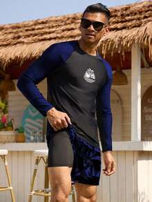 Manfinity Swimmode 2pcs Men's Tropical Print Contrast Color Raglan Sleeve Top And Drawstring Waist Shorts Swimsuit Set - Multicolor - View 3