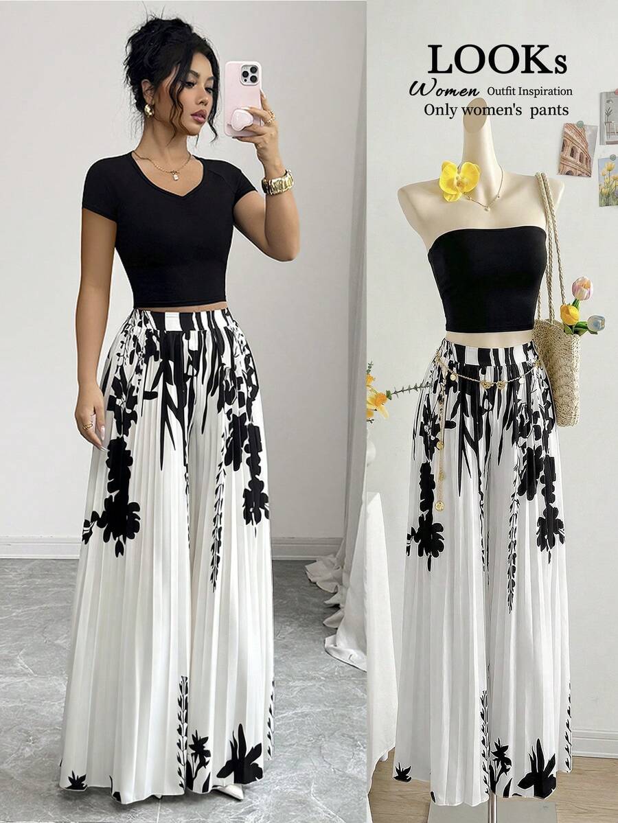 Selianne Women's Elegant Casual Pleated Design Black & White Pants, Spring/Autumn - Black and White - View 1