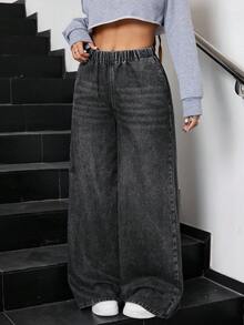SHEIN Teen GirlLoose Straight Leg Blue Jeans - Dark Grey - View 3