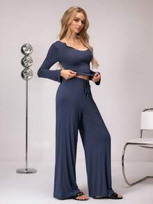 SHEIN 女士纯色长袖修身上衣和裤子睡衣套装 - 藏蓝色 - 查看 4