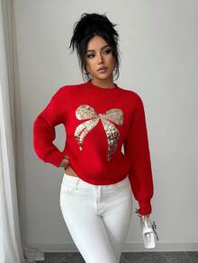 SHEIN PETITE 女士亮片蝴蝶结圆领节日红色毛衣 - 紅色 - 查看 3