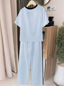 Everyssa 2pcs/Set Women's Fashion Round Neck Embroidered Print Contrast Trim T-Shirt, Casual Elastic Waist Embroidered Wide Leg Pants Set - Multicolor - View 2