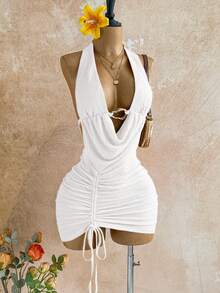Soleia Women's Solid Color Plunging Neck Metal Decor Sexy Halter Mini Dress, Vacation - White - View 5