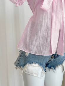 Elamini Romantic, Pure, Sweet, Cute, Soft, Millennium Retro, Student, Young Lady, Vacation, Date, Casual, School, Bow Tie, Halter, Puff Sleeve, A-Line, Pink Top Blouse, Spring/Summer/Autumn - Baby Pink - View 5