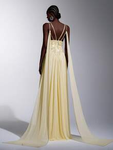 Elitara Elegant & Luxurious Light Yellow Beaded Embroidery Chiffon Dress, Adjustable Spaghetti Straps With Flared Hem, Formal Evening Gown - Light Yellow - View 3
