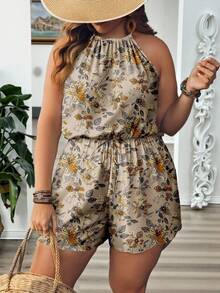 EMERY ROSE Mono de mujer talla grande con estampado floral y lazo en la cintura - Caqui - Ver 1
