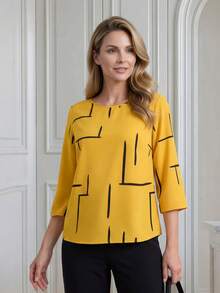 Miaspire Women Geometric Print Roll-Up Sleeve Casual Shirt, Spring & Summer, Tea Party Dress,Butter Yellow, Fall Women Clothes - Yellow - View 3