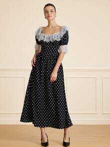 EMERY ROSE Retro Lace Trim Polka Dot Contrast Color Short Sleeve Casual Dress, European And American Style - Multicolor - View 6