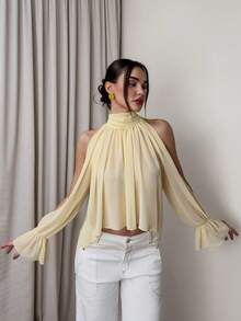 Firerie Women's Hollow Out Ruffle Sleeve Halter Neck Asymmetric Hem Blouse Top, Flowy Romantic Ladies Shirt, Suitable For Vacation Wear, Romantic Vacation Vibe Blouse, Semi-Sheer Shirt Top, Spring/Summer , Elegant, Commute, Date, Music Festival, Wedding Season, Graduation, Prom, Performance, Concert, Work Attire, Back To School, Women's Birthday, Holiday, Boho, Vacation, Bohemian, Beach, Comfortable - Light Yellow - View 3
