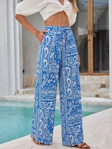 EURMUSE Women's Bohemian Style Patchwork Print Drawstring Waist Loose Wide Leg Pants, Suitable For Beach Vacation - Multicolor - View 6