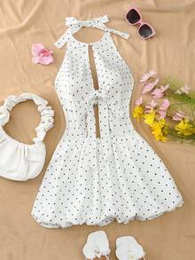 INAWLY Women's White With Black Polka Dots Boho Halter Polka Dot Mini A Line Dress With Shirred Details Sleeveless Flared Hem Holiday Holiday Vacation Summer - White - View 4