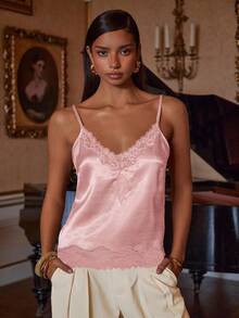 Athîral Women's Satin Lace Patchwork Fashionable Versatile Date Night Camisole Top - Pink - View 3