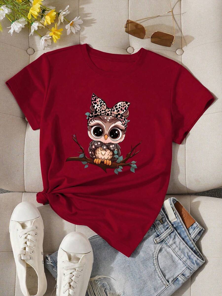 INAWLY Women T-Shirts Hewan Plants Pola Bertekstur Casual - Burgundy - View 1