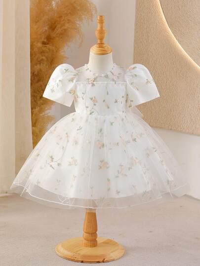Glamorique Kids Vestido de manga corta con bordado de malla para niñas bebés, vestido elegante y encantador para fiesta de cumpleaños de bebé, con volantes hechos a mano con cuentas, adecuado para vacaciones, fiesta formal, vestido de princesa