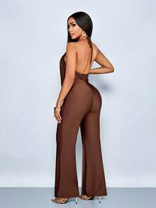 SOLERSUN Women's Jumpsuit, Sexy And Elegant, Suitable For Commuting, Simple Design, With A Ruffled Neck, Brown Knit Fabric, Spring/Summer Women's Wear, Beach Vacation, Date.
