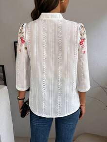 SHEIN Clasi 女士花卉印花簡約日常長袖襯衫 - 白色 - 查看 2