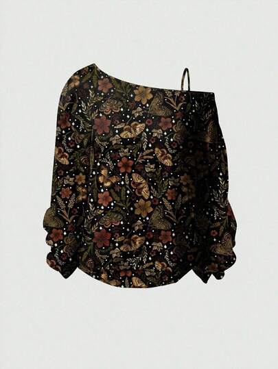 ROMWE Fairycore Plus Size Women Floral & Botanical Hippie Sexy Asymmetric-Shoulder Strap Sweatshirt, Autumn/Winter