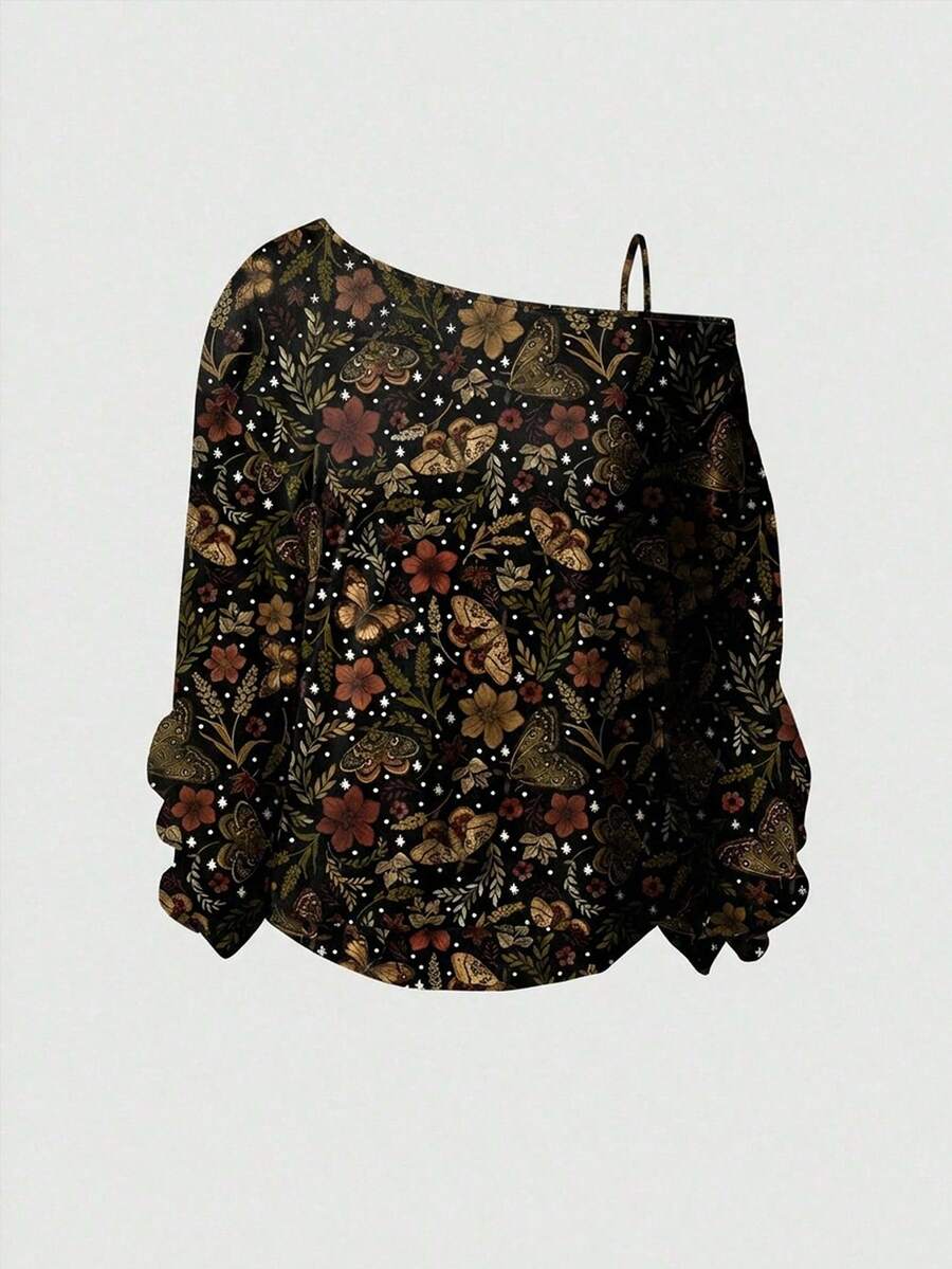 ROMWE Fairycore Áo sweatshirt nữ cỡ lớn họa tiết hoa lá, phong cách hippie gợi cảm, dây đeo vai bất đối xứng, thích hợp cho mùa Thu/Đông. - màu đen - Xem 1