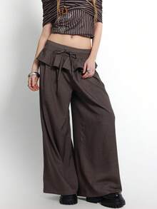 Bloopia Quần nữ ống đứng dáng rộng, màu trơn, có bèo nhún ở gấu quần, kiểu dáng thường ngày. - Màu xám đen - Xem 3