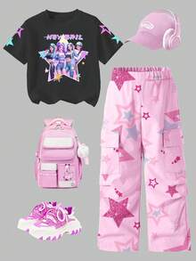 2pcs Girls Idol Group Printed Top & Star Digital Print Cargo Pants Set, Streetwear Casual Comfortable Fashion, Suitable For All Seasons KPOP Witch Hunting Crew Black T-Shirt Teenage Girl Clothes Sets Pants Shirt Y2k Kid Clothes 2 Pc Girls Pants And Tops 11 Years Old Clothes For School Big T Shirt And Pants For Girl