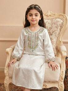 1 pieza Vestido maxi de satén con estampado floral en relieve de manga larga y cuello en V de corte holgado para niñas, estilo princesa elegante para fiestas de cumpleaños, Oriente Medio, adecuado para el verano - Albaricoque - Ver 6