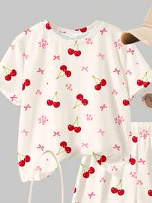 Bộ áo thun và quần short cổ tròn tay ngắn màu trắng kem, nơ retro ngọt ngào, họa tiết hoa anh đào và hoa nhí, phong cách tối giản thoải mái, mềm mại, phù hợp cho bé gái tuổi teen mặc hàng ngày vào mùa xuân/hè, phong cách đường phố, đi chơi, ở nhà, đi nghỉ mát. - Nhiều màu - Xem 5