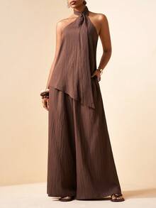 Zivah 女士纯色露背不对称下摆上衣搭配阔腿裤休闲套装 - 棕色 - 查看 5